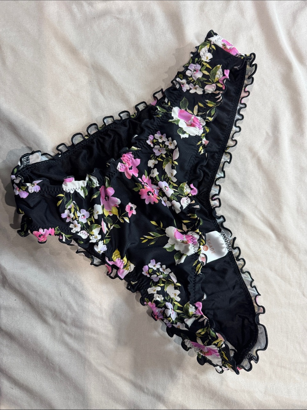 Shade & Shore Black Floral Ruffle Bikini Panty with Pink & White Flowers